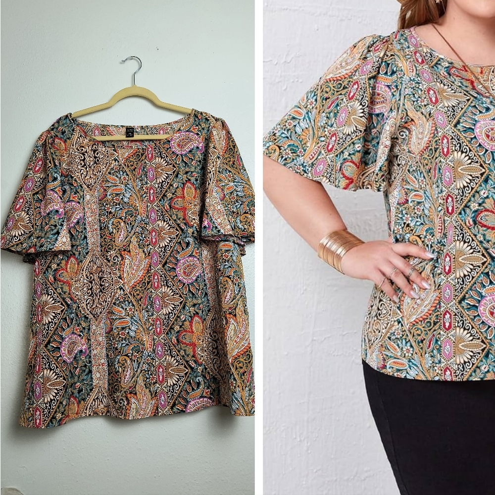 Emery Rose Blouse Women's 4XL Brown Paisley Print Butterfly Sleeve